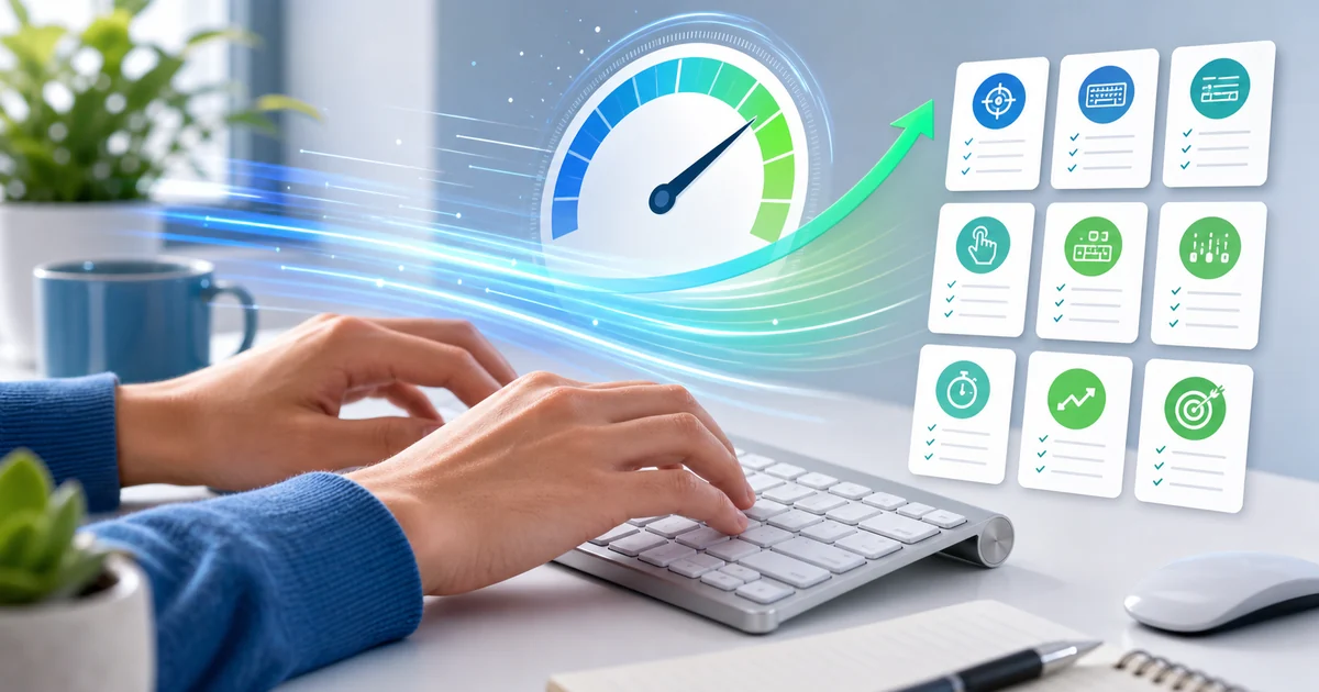 Typing practice desk with speed gauge and drill checklist
