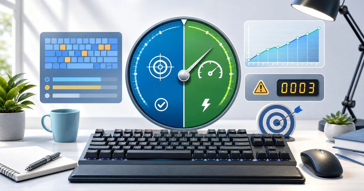 Keyboard with accuracy and speed gauges on a bright desk